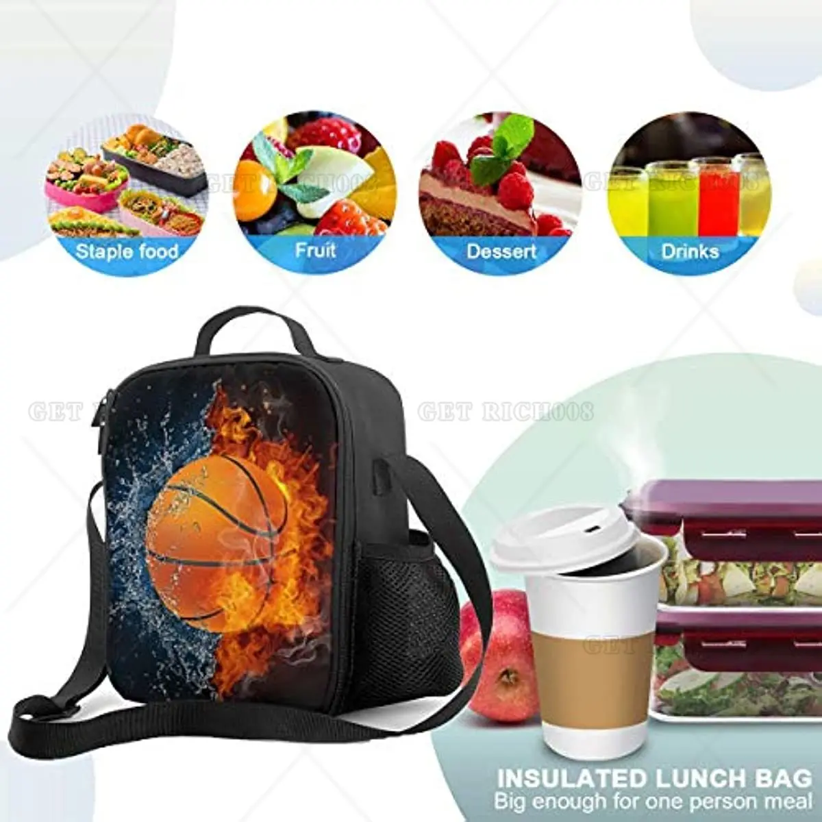 BasketBall Insulated Durable Lunch Box with Shoulder Strap School Lunch Bag Lunch Tote Box Bag for Office School Picnic Beach