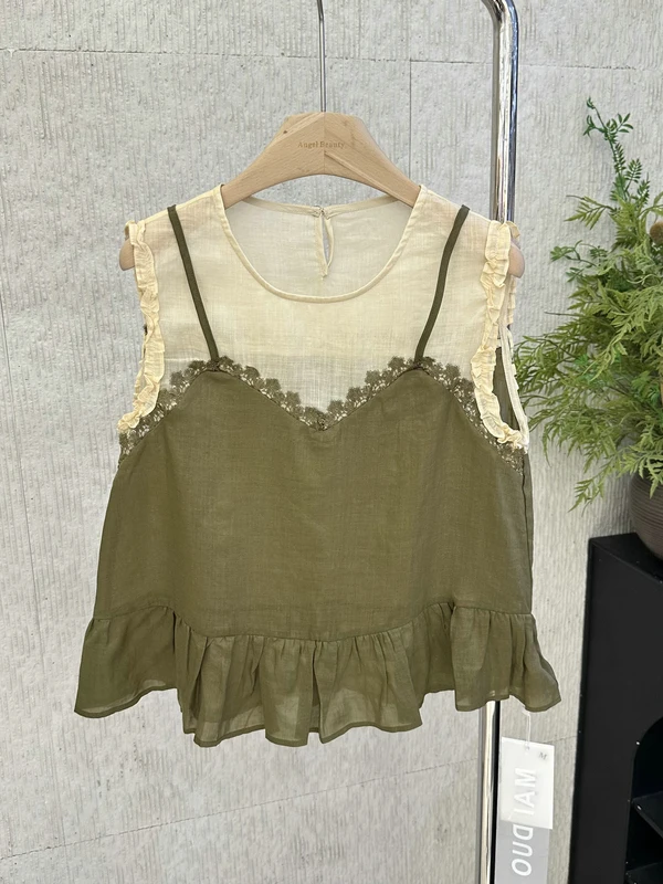 

Korean Style Lace Trimmed Mock Two-Piece Shirt Women's Summer New Arrival Linen Material Loose Fit Regular Sleeveless Button ...