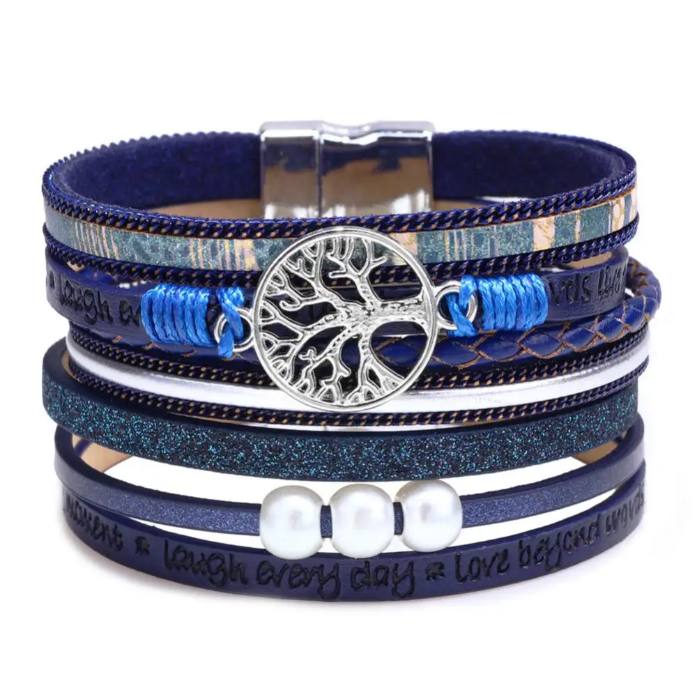 New Women Leather  Bracelet Multi-layer Bracelet European And American Alloy Life Tree Pearl Bracelet Hand Weaving Wristbands