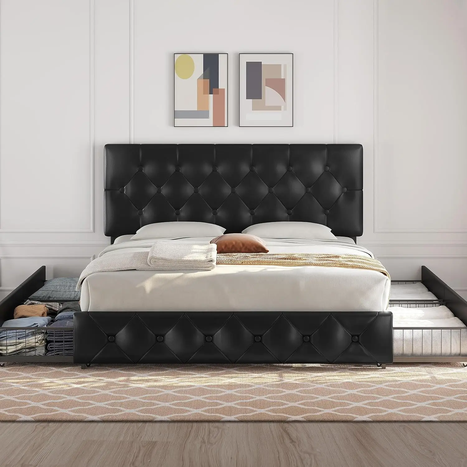 Upholstered Bed Frame with 4 Drawers and Adjustable Headboard, Faux Leather Platform Bed