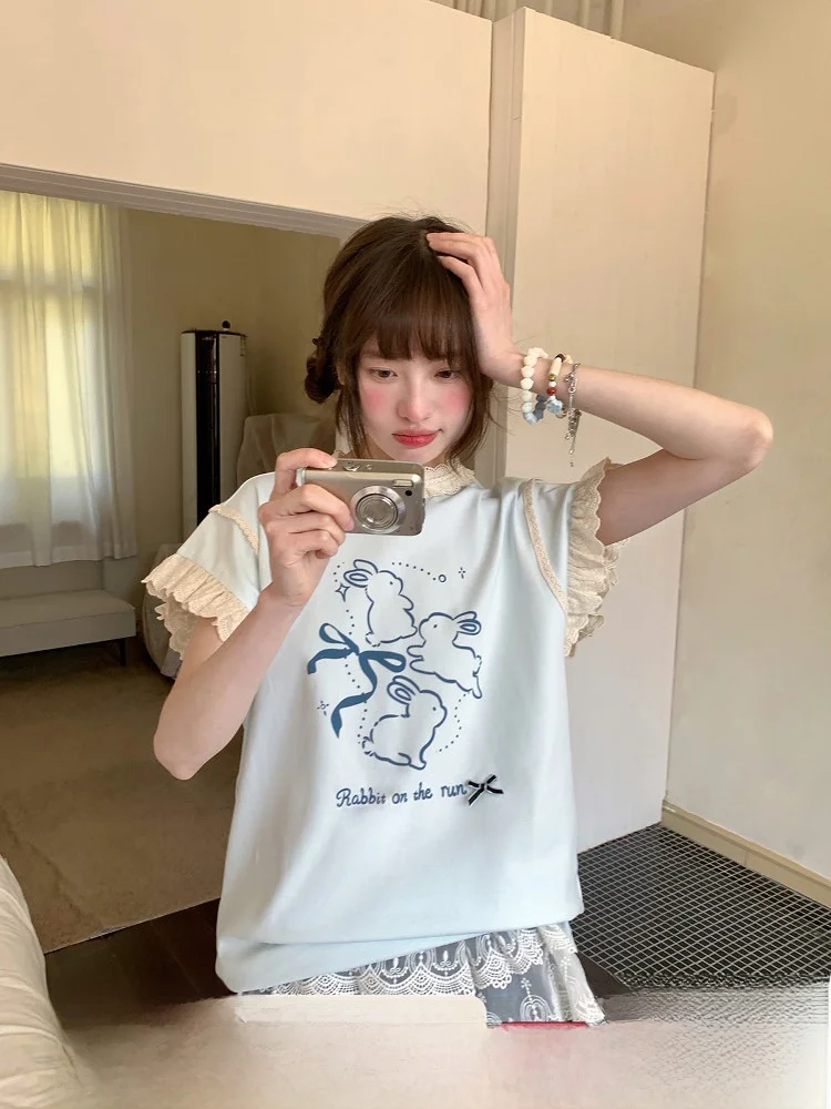 

Summer Lace Trim Loose Fit Women's T-Shirt Set Sweet Blue Cheese Day Short Sleeve round Neck Cotton Top Ensemble