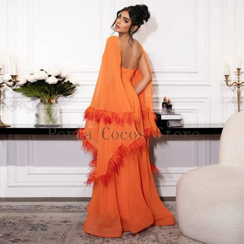 Robe de bal en mousseline de soie de haute qualité, col carré, robe de soirée trapèze, manches d'horloge, robes de soirée formelles avec plumes, robe saoudienne