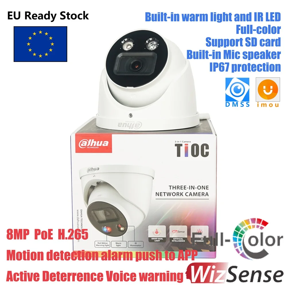 Dahua 8MP Smart Dual Light Active Deterrence Fixed-focal Eyeball WizSense Network Camera HDW3849H-AS-PV S4 built-in Mic speaker