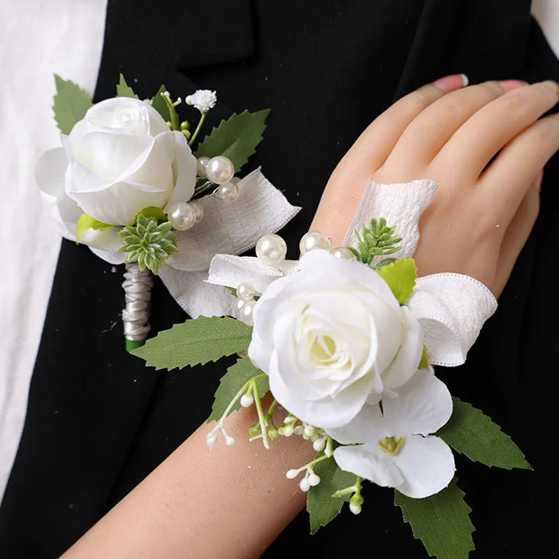 

2pcs Set White Bohemian Rose Flower Corsage & Wristlet Set - Perfect for Brides, Groomsmen, and Wedding Decorations 25043