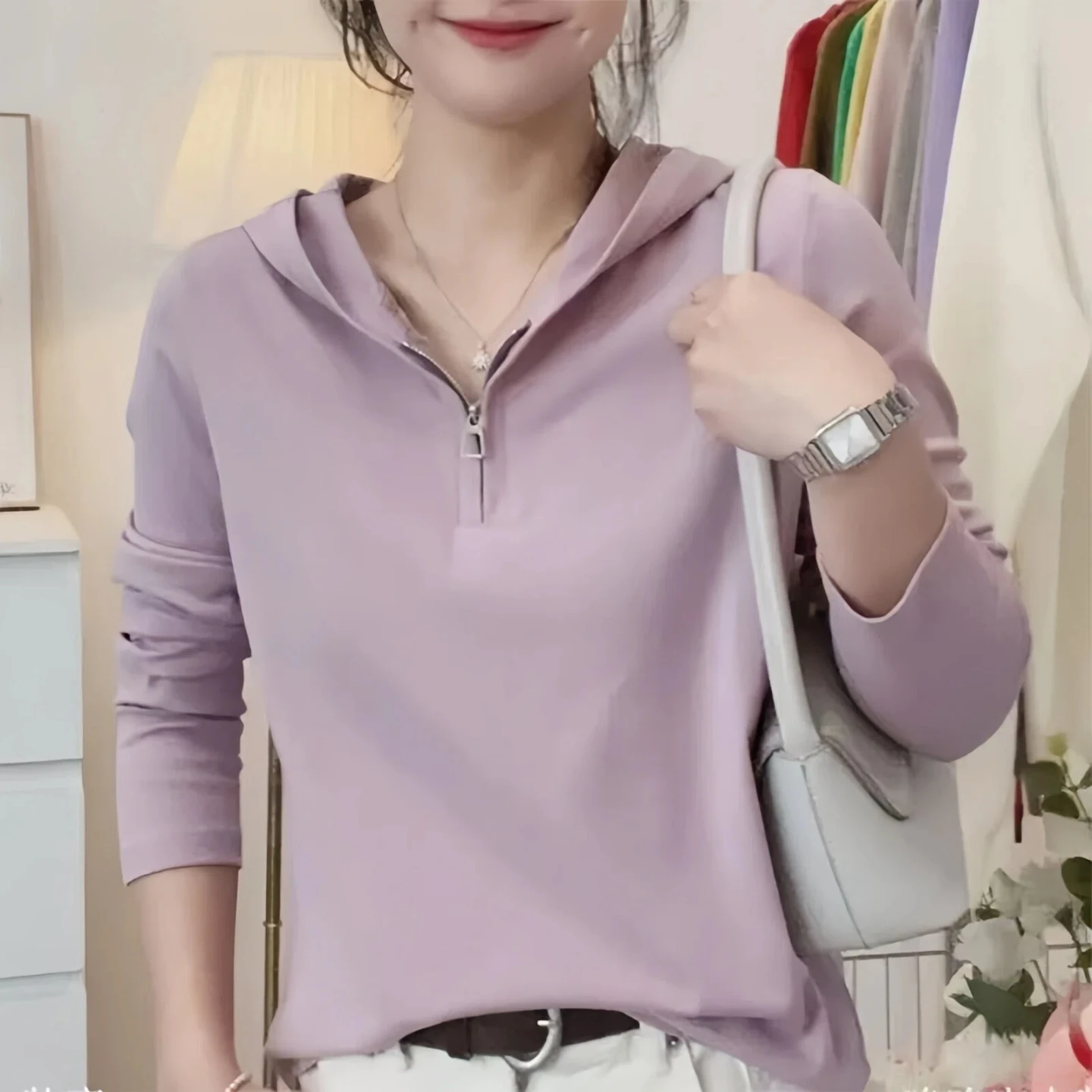 95 Cotton Hooded Long Sleeve T-Shirt Women's Fashionable Half Zip Slimming Top Commute Style Korean Version Universal Fit