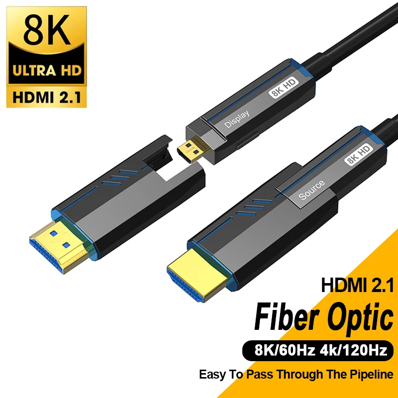 Fiber Optic HDMI 2.1 Cable 8K 60Hz 4K 120Hz Micro HDMI to HDMI-compatible Optical Fiber Extension Cables Pass Through Pipeline