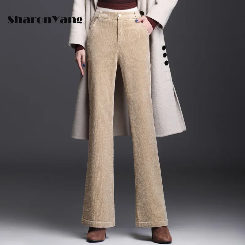 

Large Size Corduroy Flared Pants Women Autumn Winter High Waist Pants Brown Bell Bottom Lady Thick Pants Add Velvet Trousers
