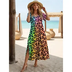 2024 New Colorful Leopard Print Dresses For Women Plus Size Holiday Dresses Summer Female Long Dresses Women's Clothing Fashion