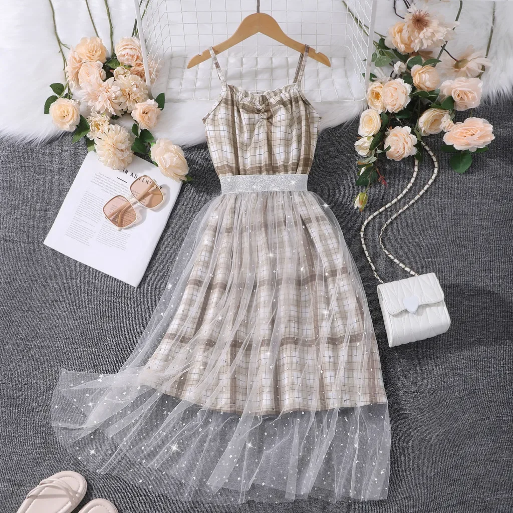 

New Khaki Kids Girl Plaid Dress Summer Strap Mesh Retro Cute Elegant Casual Birthday Party Children Dresses 7 8 9 10 11 12 Yrs