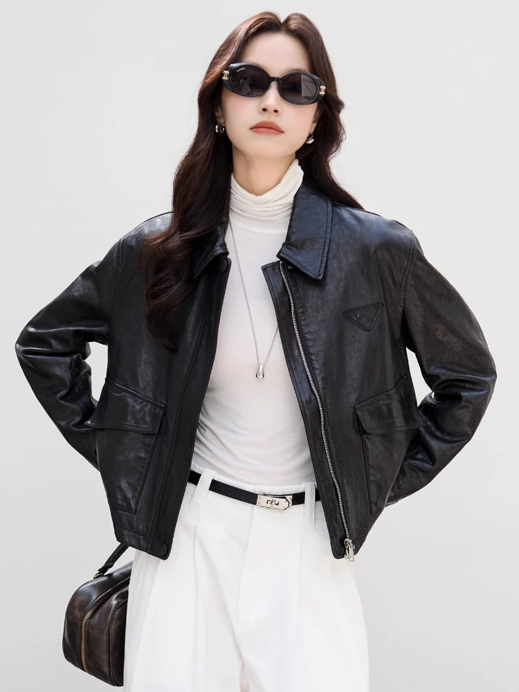 Chaqueta corta informal de cuero genuino para motocicleta para mujer primavera otoño 2025 nuevo abrigo de piel de oveja auténtica con cera de aceite suave Simple de gama alta