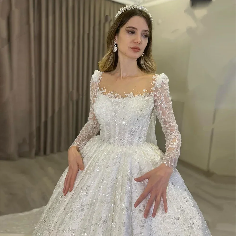 Vestidos de casamento femininos de luxo personalizados, apliques de renda brilhante, elegante, manga comprida, princesa, vestidos de noiva formais, festa de praia