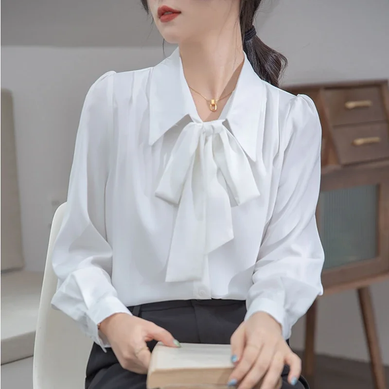 Elegant Office Chiffon Shirts Women 2024 Autumn Winter Long Sleeve Blusas Mujer Korean Style Clothing White Work Tops Blouses