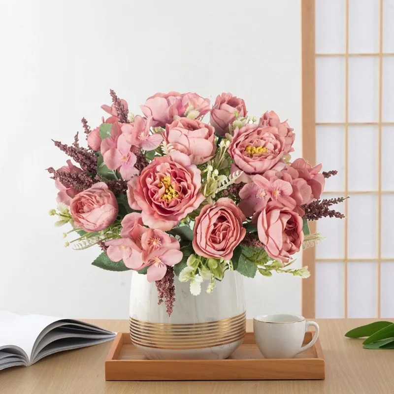 Künstliche Blumen, weiße Seiden-Hortensien, Pfingstrosen, Hochzeits-Party-Bundle, Festival, Heim, Zimmer, Tisch, Vase, Dekoration, Outdoor, Hof, DIY-Geschenk – Detail 17