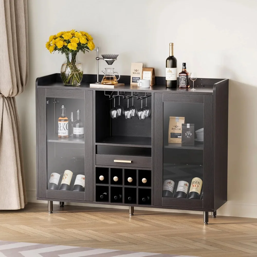 Wine Bar Cabinet Buffet Sideboard Cabinet with Wine Rack, Power Outlets, LED Light, Black