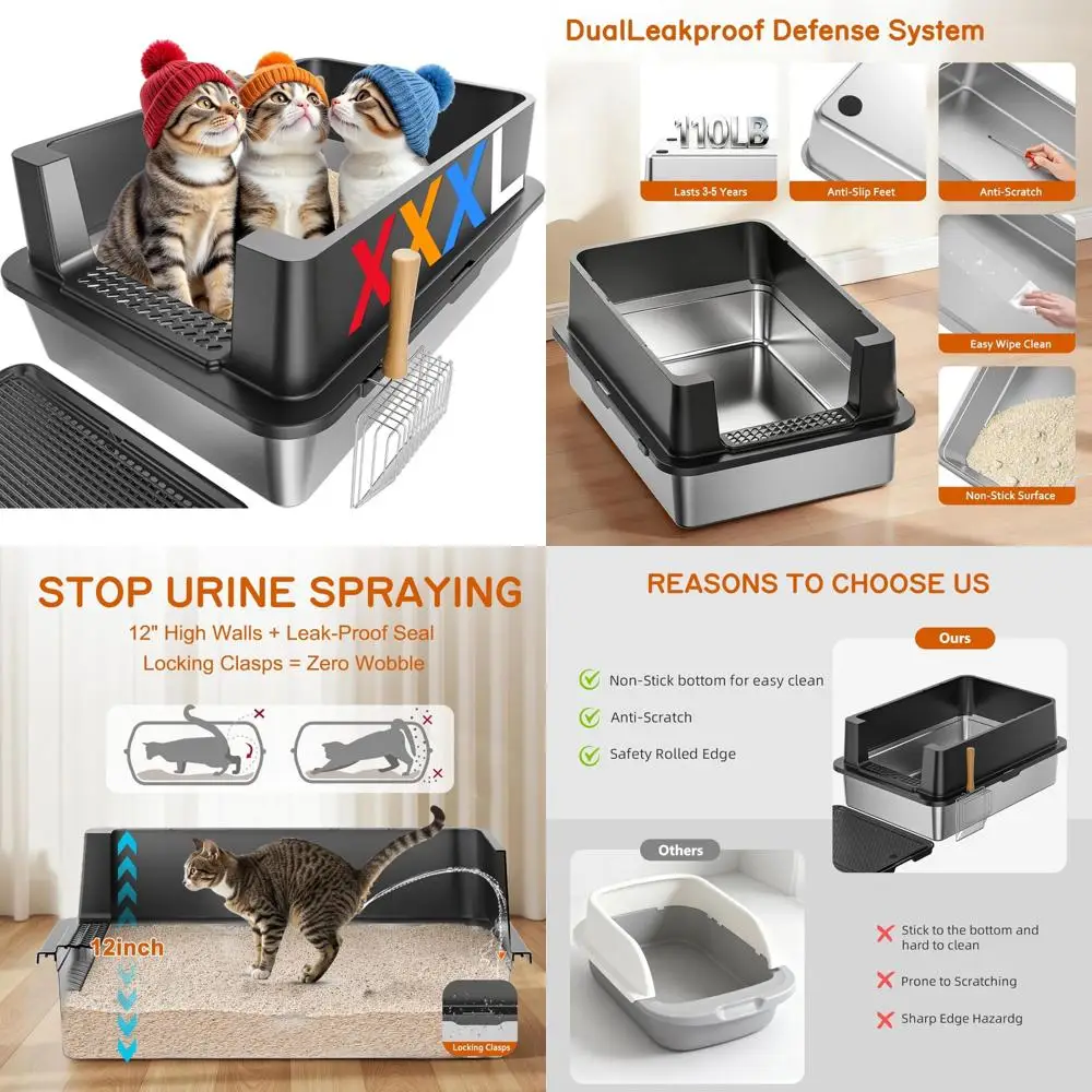 

Очень большой ящик для кошачьего туалета из нержавеющей стали с высокими сторонами для больших кошек и нескольких кошек, нелипкий дизайн и защита от протечек