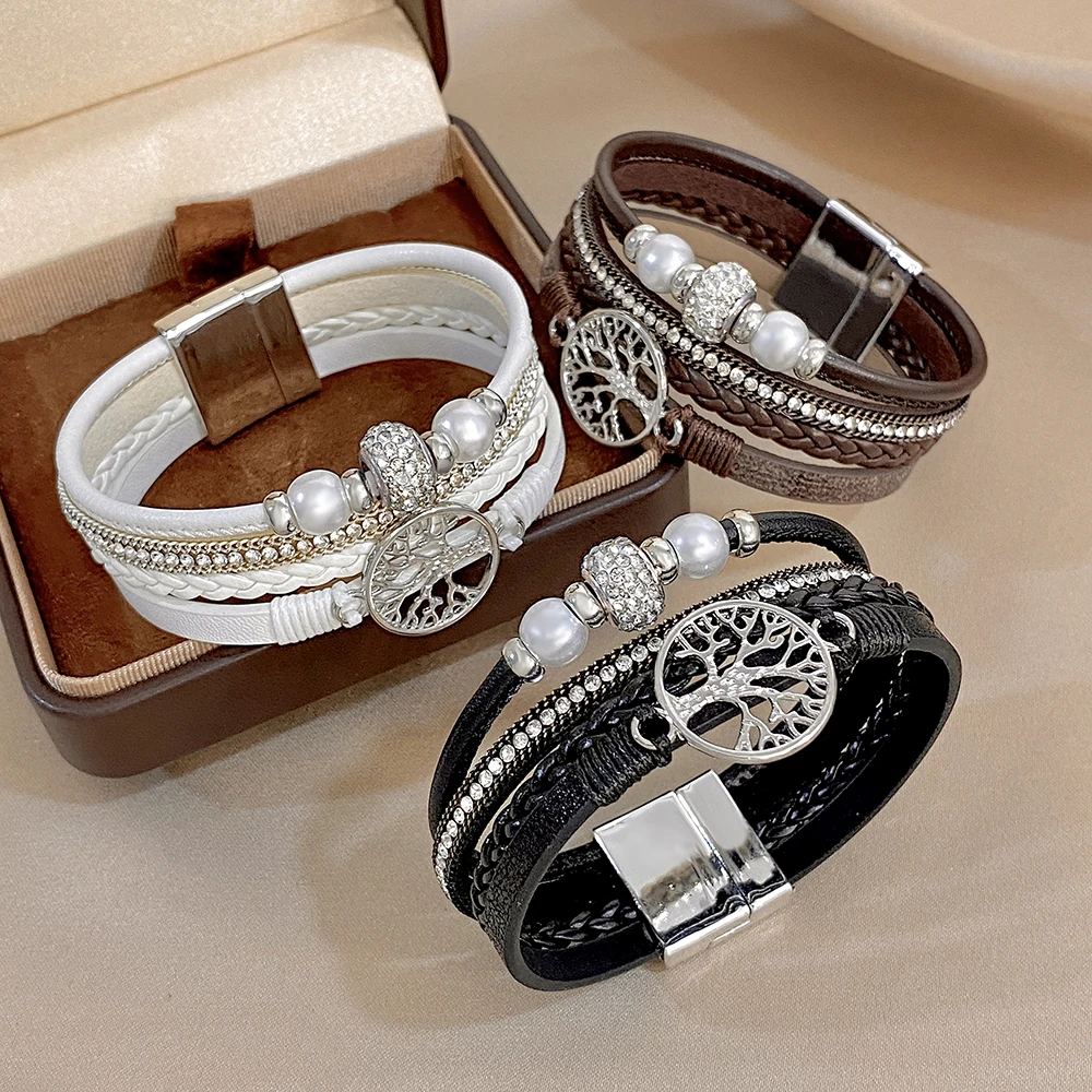 ALLYES Handmade Woven Tree of Life Leather Bracelet for Women Boho Pearl Zircon Beads Multilayer Wrap Bracelets Charm Jewelry