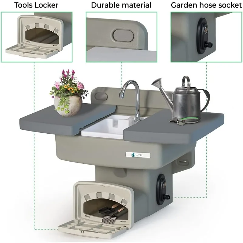 Outdoor Garden Sink with Hose Hook Up White Potting Bench with Hose Holder Gardening Drinking Fountain Hand Washing