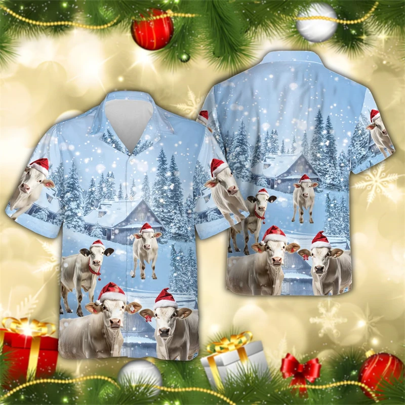 Funny Xmas Goat Graphic Shirts For Men Clothes Christmas  Farm Cattle Sheep Horse 3D Printed Button Clothing Animal Beach Shirt