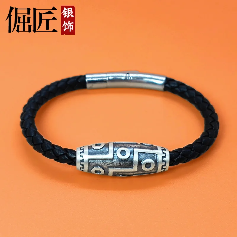 Pure Silver Leather Bracelet Men's Black Leather Rope Leather Ring BraceletDIYSilver Bead Retro Domineering Personality Gift Bra