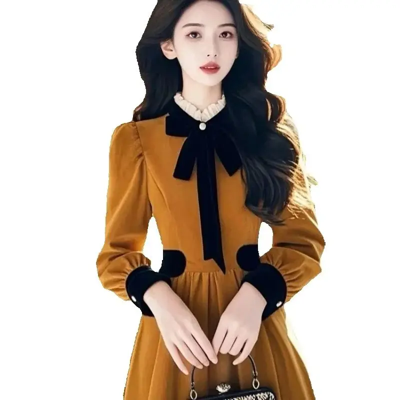 2025 가을 겨울 신상 루즈핏 벨벳 고급 드레스 프랑스 귀족 기질 롱 스커트 키높이/키짧은 여성용