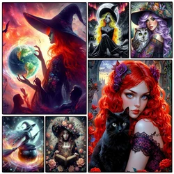 Diamond Painting New 2024 Cross Stitch Kit Beautiful Witch Full Diamond Mosaic Woman and Cat Embroidery Home Decor Halloween Art