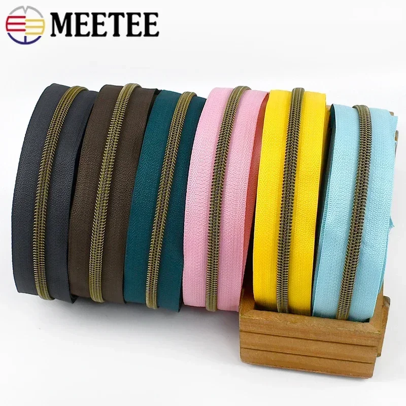 5/10/20/30/50M 5# Nylon Zipper Colorful Tape Bronze Teeth Open-End Zips Tailor for Bag Clothes Repair Kit DIY Sewing Accessories