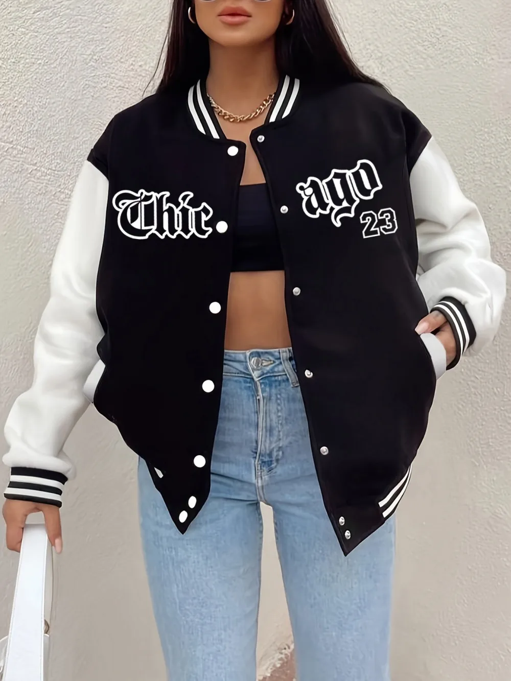 

Chic And Ago Letter Printing Coats Womens Casual Fleece Warm Baseball Jersey Basics Pocket Jackets Winter Sporty Woman Clothes