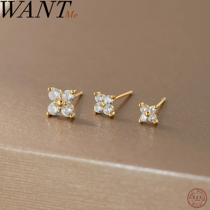 

WANTME 925 Sterling Silver Romantic Shiny Zircon Four Petal Flower Stud Earrings for Women Fashion Sweet Birthday Party Jewelry