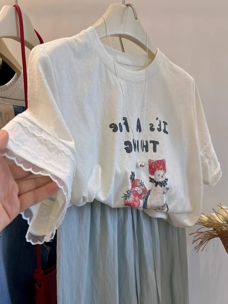

Summer Lace Trim ort Sve T-irt Women's Loose Versatile Top Creative Cartoon Print Commute Sle round Ne Casual Fit