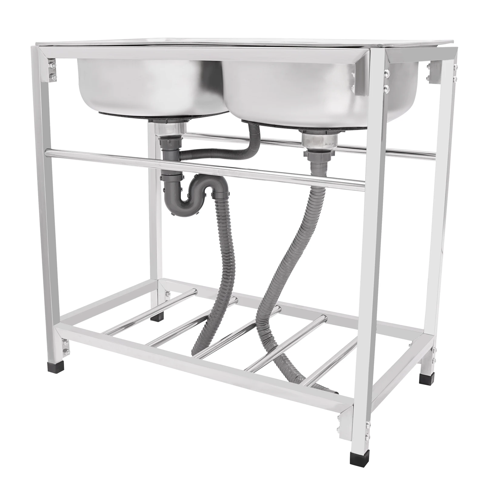 Kitchen Sinks-Durable Stainless Steel Commercial Sink with Double Bowls and Extra Storage for Efficient Workspaces