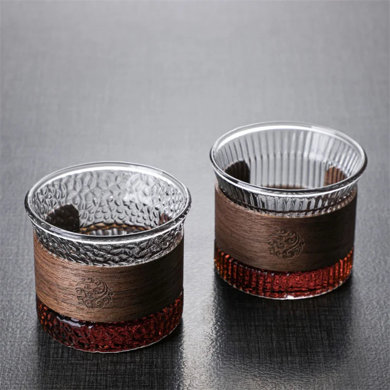 Anti-scalding Glass Coffee Mug with Walnut Cup Holder Japanese Glass Tea Cup 140ml Small Teacup Drinkware