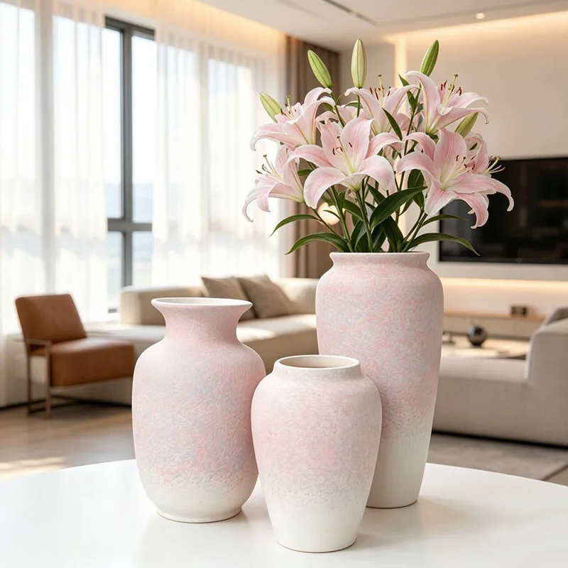 HYS pink gradual change ceramic vase non-porous hydroponic lily advanced sense living room large ornament