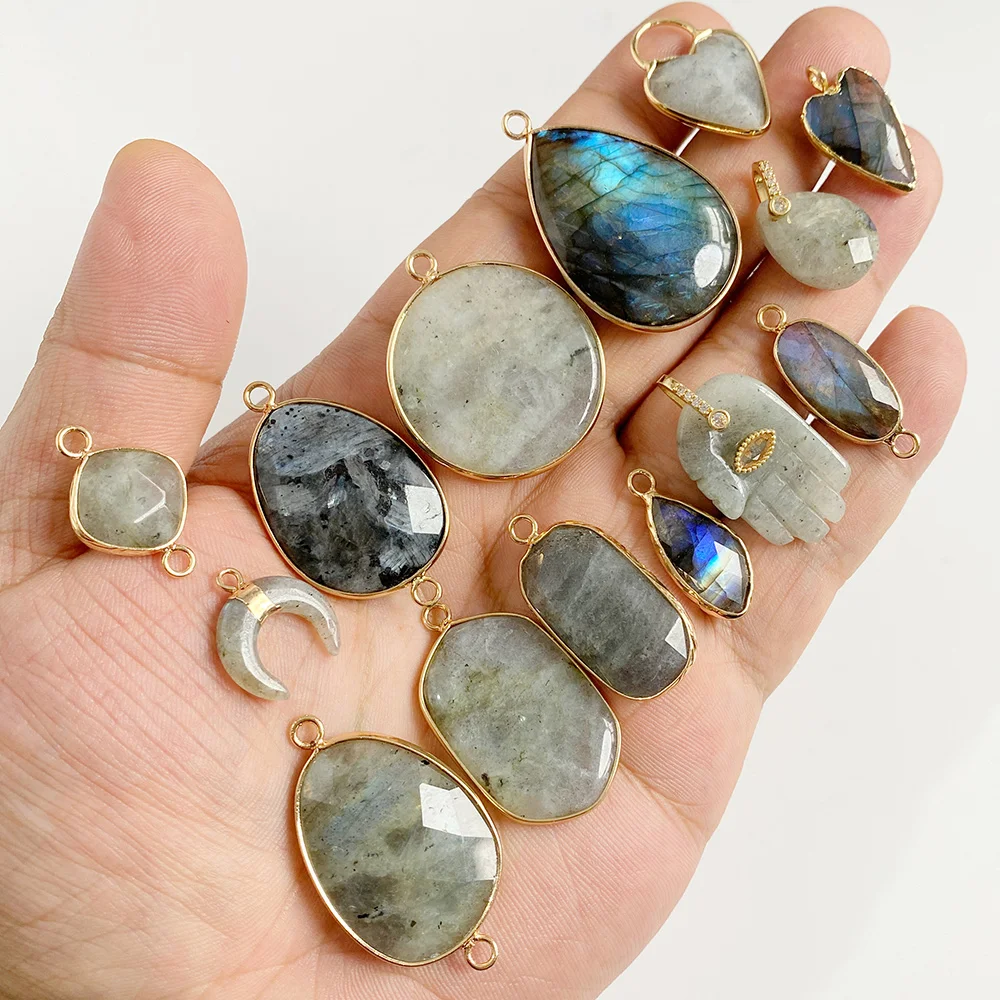 2pcs Natural Flash Labradorite Stone Charm Pendant Semi-precious Stone Connector for Jewelry Making Accessories Gift