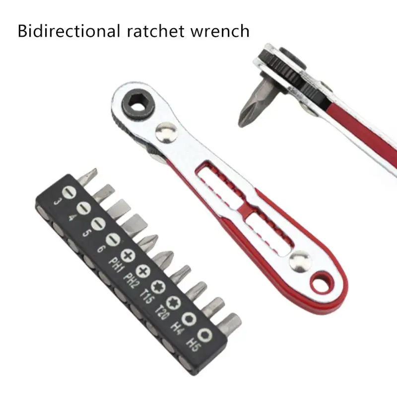 (BF06)Bidirectional Ratchet Wrench Set With 10 Replaceable Screwdriver Bit For Home Repair Bicycle Maintenance Daily Fixing Job