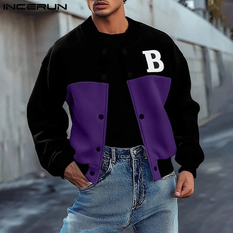 INCERUN Tops 2024 American Style Fashion Men's Patchwork Color Block Jackets Streetwear Letter Print Long Sleeved Jackets Coats