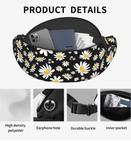 Cute Daisy Flowers Waist Bag With Headphone Hole Belt Bag Adjustable Sling Pocket Fashion Hip Bum Bag For Women Men