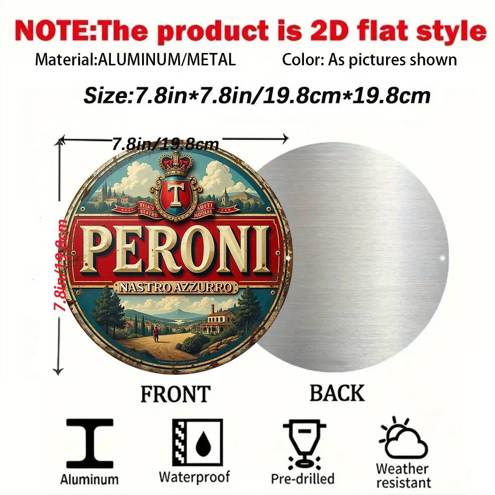 Vintage Peroni Nastro Azzurro Italian Beer Round Tin Sign, Retro Italian Landscape Crown Logo Metal Wall Art, Rustic Beer Brand
