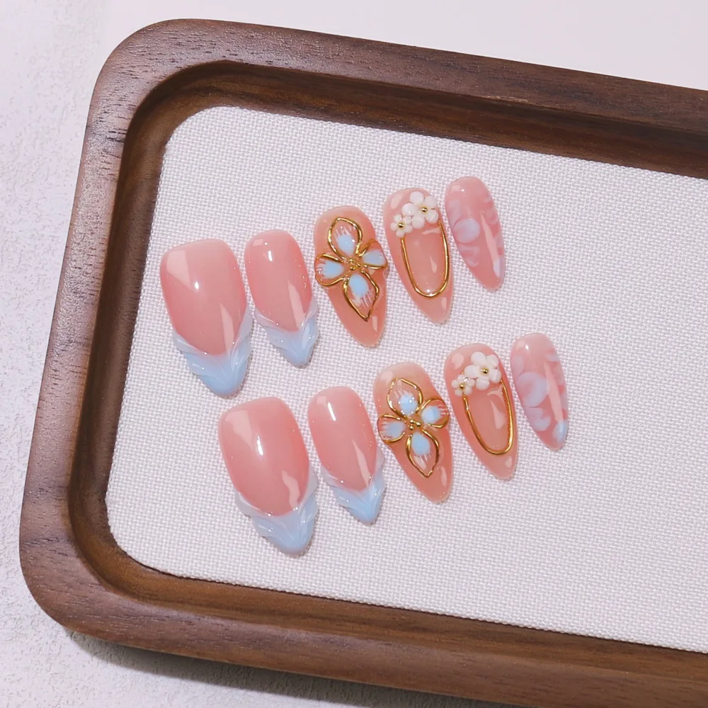10pc French Handmade Almond-Shaped Press-On Nails Nude Hand-Painted Carved Shell Nail Tips,High-end Brightening False Nails