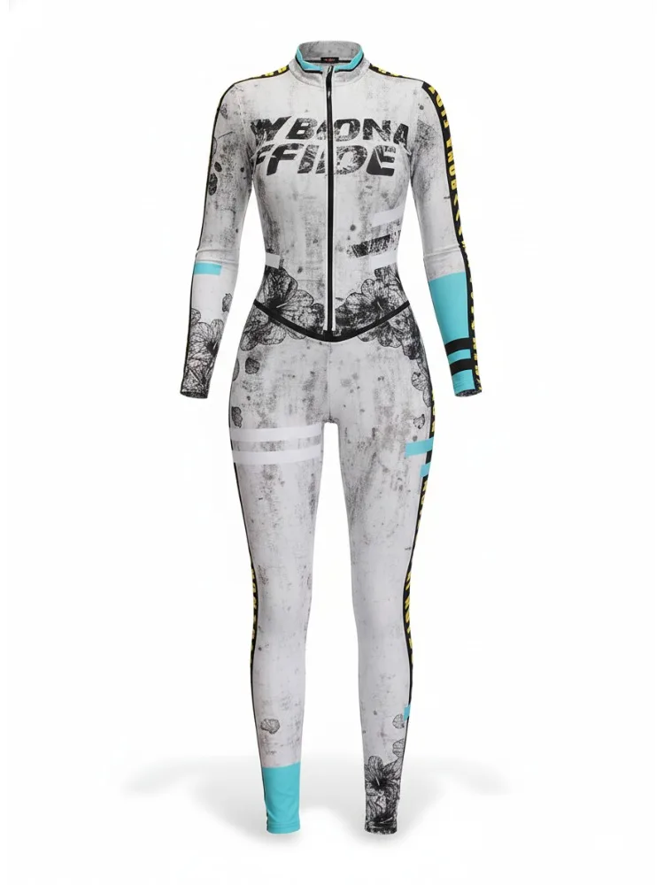 

Gymdolphin Women's Vintage Print Zip-Front Activewear Onesie 2026 Stylish Skinny Long Sleeves Jumpsuit Sexy Fitness Yoga Suit