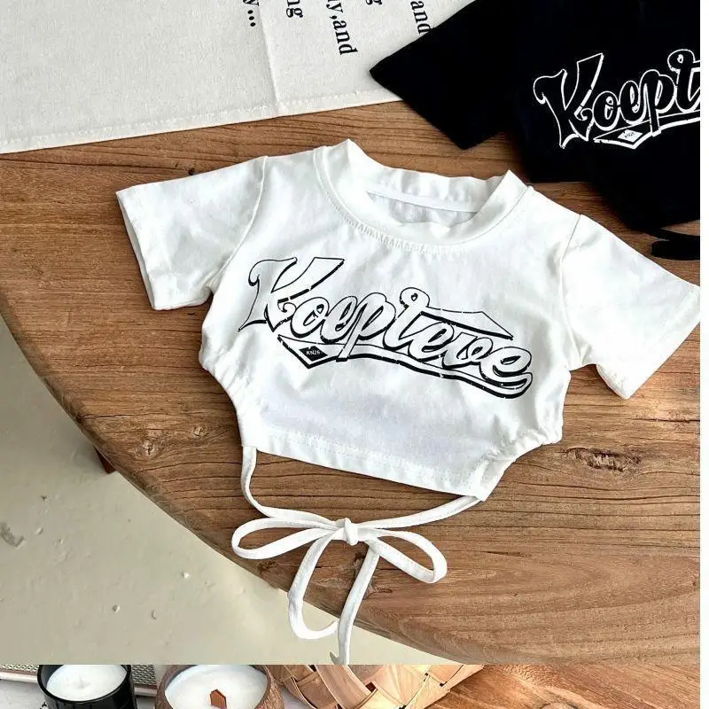 Girls Summer Short Sleeved T-shirts Children Summer Back Tie Up Top Sweet Girl Children Clothing Girl Baby Letter T-shirt Trendy