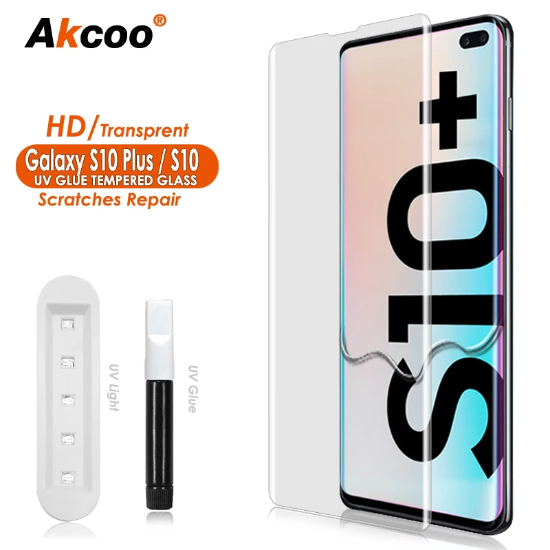 Akcoo Galaxy S10 Plus Screen Protector UV Full Screen Glue Tempered Glass Fingerprint-ID Compatible for Samsung  S10 Screenguard