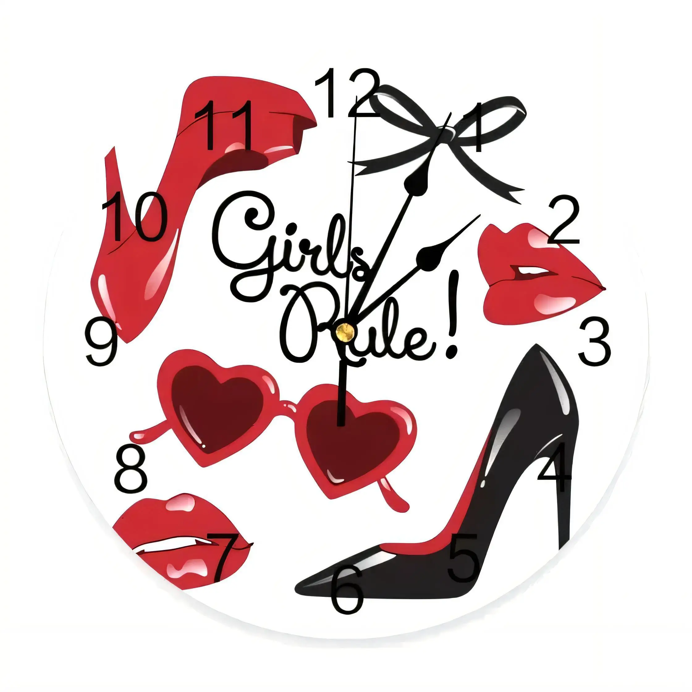 Girls Rule Wall Clock  Home Decor Red Lips Heels Heart Sunglasses Silent Non Ticking Battery Operated Circular