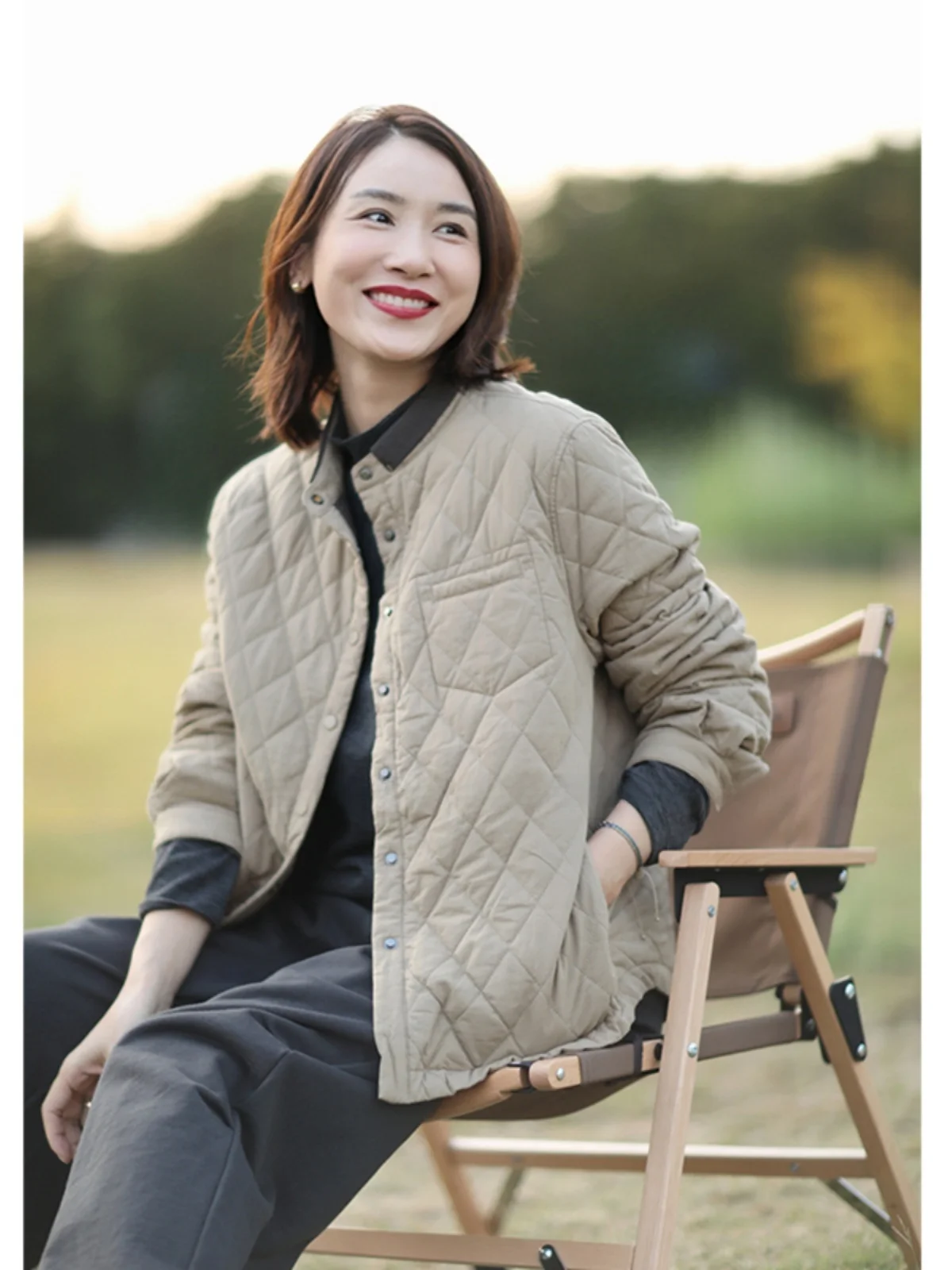 Casual solto ort algodão jaet feminino artístico gola diamante estampado casaco coreano sle botão detalhando