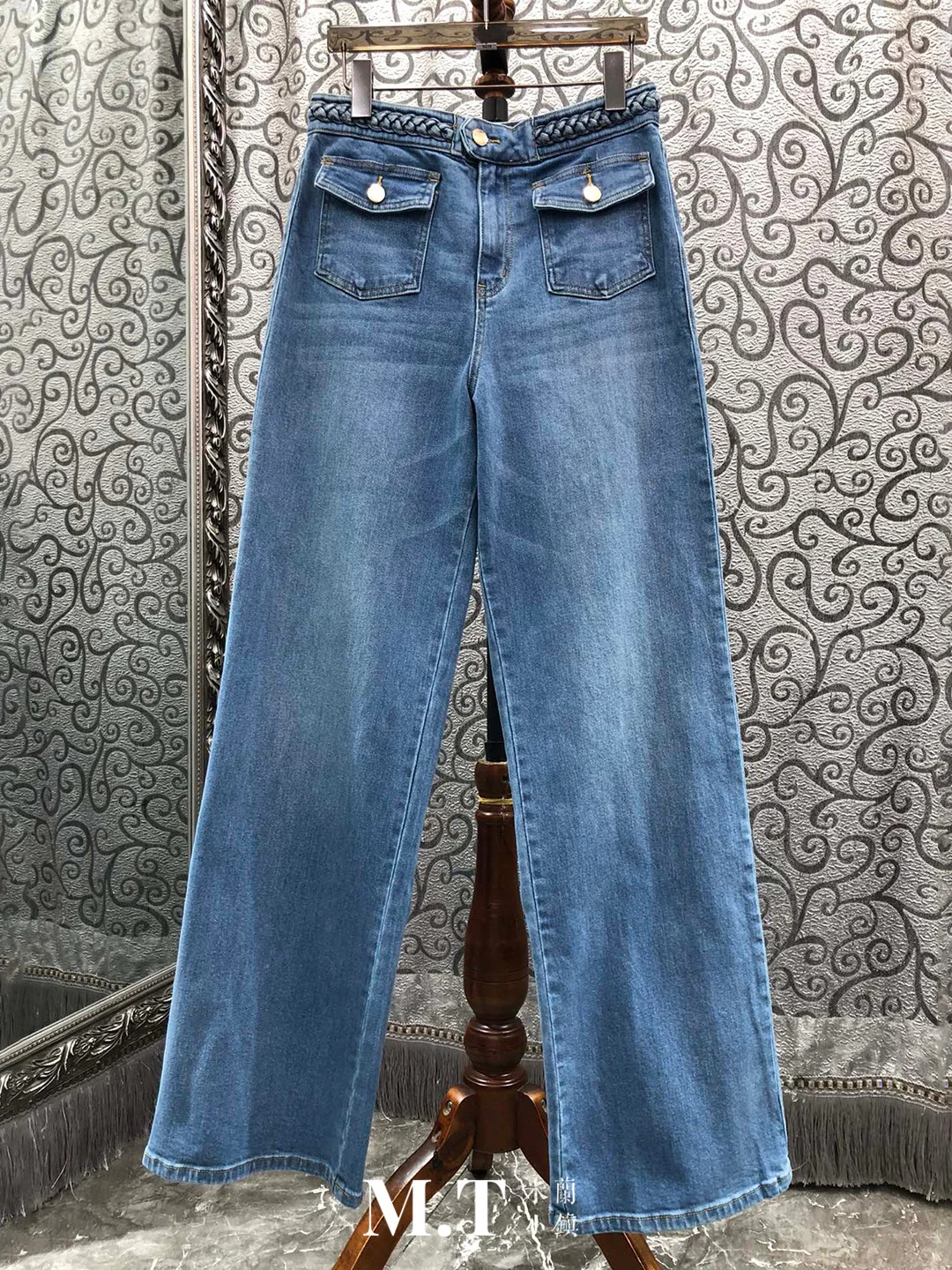 

Milan Small Town Natural Washed Straight Leg Denim Jeans Decorative Woven Hemp Rope Double Pocket Knot Detail