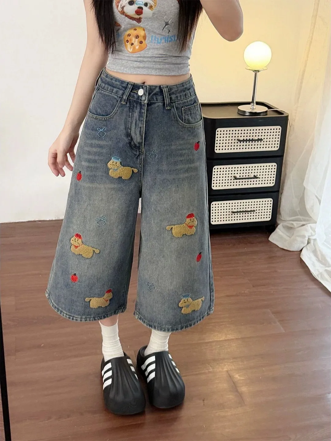 

High Waist Wide Leg Thin Denim Jeans Loose Fit Summer New Style for Women Retro Style Button Closure Pure Color Breathable
