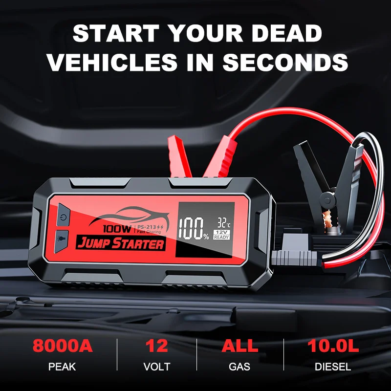 8000A 100W 24000mAh Car Emergency Jump Starter Power Bank Super Capacitor With Fast Charging Booster Car Battery And DC Output