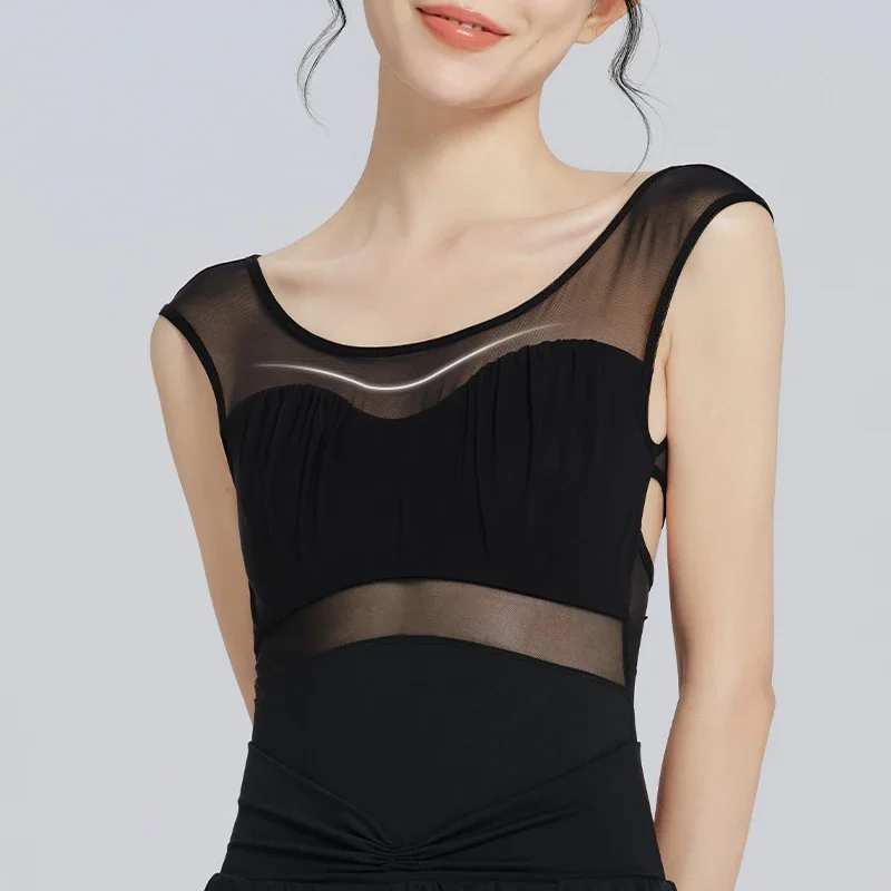 Nowe damskie trykoty baletowe Camisole Mesh Splice body bez rękawów skrzyżowane plecy gimnastyka kostiumy baletowe stroje kąpielowe