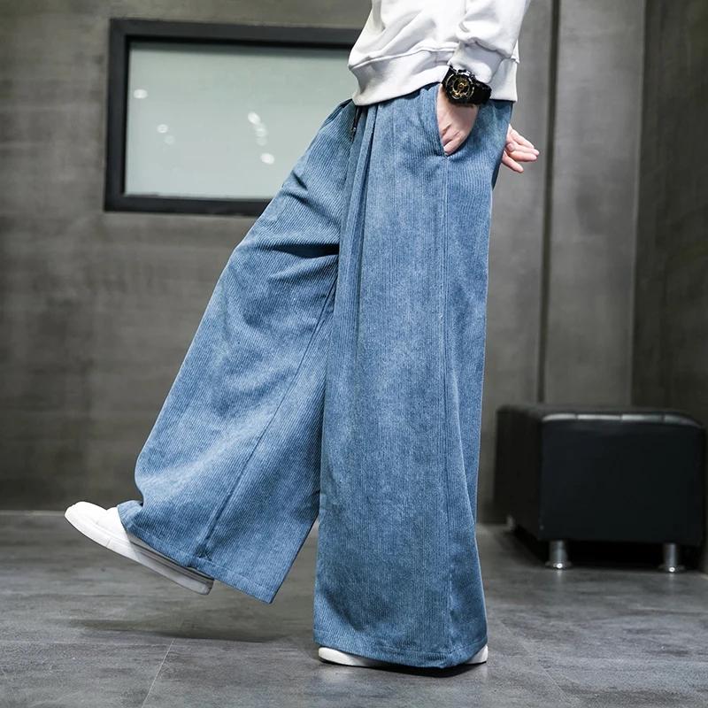 2024 Solid Color Men\'s Wide Leg Pants Oversized Vintage Men Clothing Loose Corduroy Casual Pants Male Japanese Harajuku Trousers