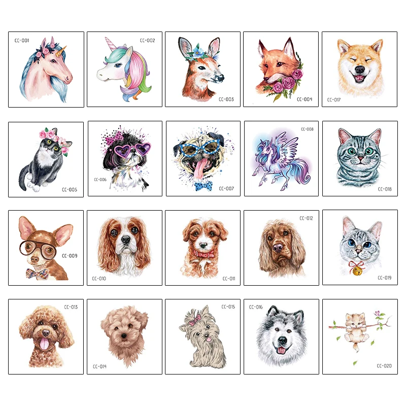 

20 шт. индивидуальный лист татуировки с мультяшным животным, кошкой, собакой, временные татуировки, водостойкая одноразовая татуировка для боди-арта, наклейка