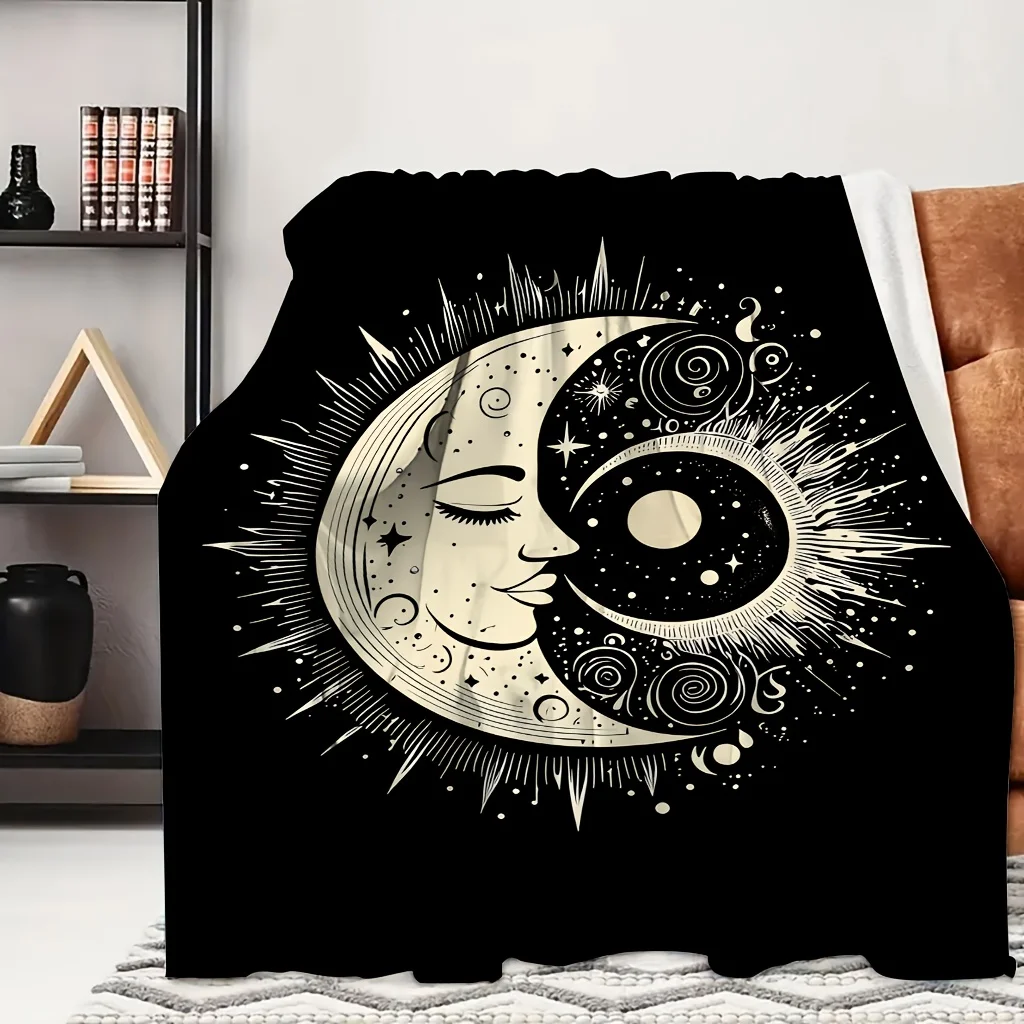 1pc Yin Yang Sun Moon Celestial Print Flannel Blanket, Comfortable and Practical All-season Blanket, Suitable for Blankets, Kid